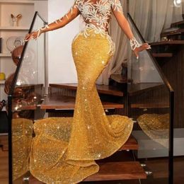 Party Dresses 2024 Lace Applique Beaded Evening Gold Sequined Women Luxury Dress Mermaid Formal Prom Gowns Celebrity Gala Robe