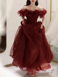 Party Dresses French High End Slash Rhffle Neck Mesh Tiered Wedding Simple Temperament Slim Waist Vestidos Peal Belt Ball Gown