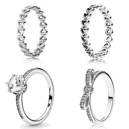 Rings Cluster Original Classics Openwork Linked Love Heart Clear Sparkling Crown with Crystal Sterling Sier Ring Fashion Jewellery