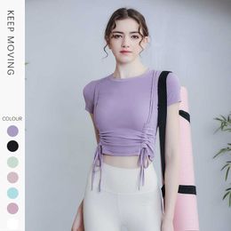 Lulemen tops shorts Spring/Summer New Nude Round Neck Short Sports Top with Elegant and Sexy Drawstring Tie Short Sleeve T-shirt Yoga Top