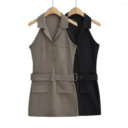 Casual Dresses Grey Brown POLO Collar Belt Workwear Vest Dress Women's Sleeveless Waist Sexy Girl Temperament Slim Skirt