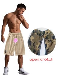 Invisible Open Crotch Sex Pants Waffle Shorts Mens Summer Heavy Sweatpants Loose Sports Elastic Waist Casual Short with Pockets 240415