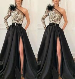 Modern One Shoulder Black Satin A Line Evening Gown Long Sleeve Appliques Front Split Long Prom Dresses For Special Occasion Wear8849024