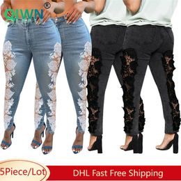 Women's Jeans 5Pcs Bulk Wholesale Lace Stitching Women Sexy Hollow Out High Waist Straight Denim Trousers Female Fall Casual Pants 10083