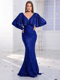 Casual Dresses V Neck Batwing Sleeve Sequin Prom Maxi Dress Backless Floor Length Evening Night Party Gown Green Royal Blue