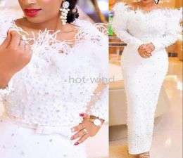 2022 White Sexy Luxury Prom Dresses Arabic Off Shoulder Long Sleeves with Feather Crystal Pearls Formal Party Dress Evening Gowns 1441386