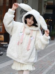 Women's Jackets Sweet Girl Ears Plush Warm Hooded Kawaii Cartoon Pendant Loose Preppy Style Cute Winter Clothes Women