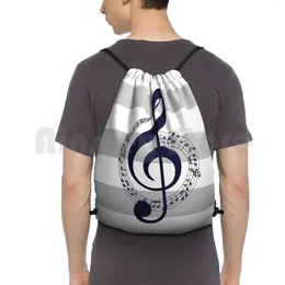 Backpack Navy Blue Music Notes On Silver Grey And White Stripes Drawstring Bag Riding Climbing Gym Treble