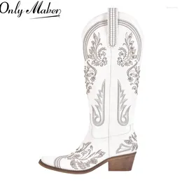 Boots Onlymaker Women Pointed Toe Embroidered White Western Cowboy Block Heel Pull-On Cowgirl Booties
