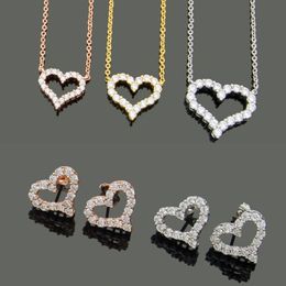 Designer Jewellery Women Diamond Heart Pendant Necklaces Rose gold Earrings Suits Never Fading Stainless Steel 3 Colours Silver Golde235L