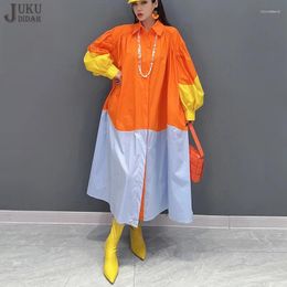 Casual Dresses Korean Style Women's Spring Long Sleeve Orange Patchwork Big Size Loose Fit Chic Girls Wear Large Dress Robe JJXD706