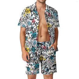 Men's Tracksuits Graffiti Design Men Sets Letter Print Casual Shirt Set Retro Vacation Shorts Summer Custom Suit Two-piece Clothing Large