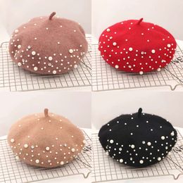 Hats Sboy 2023 Winter Wool Beret with Pearls Beads Female Elegant Cap Autumn Spring Hat Women Solid Colour French Style 230801