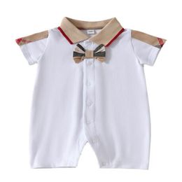 Newborn Baby Rompers Girls Boy Short Sleeve Cotton Jumpsuits Designer Kids Clothing Plaid Bow Toddler Infant Romper Bodysuit Outfit