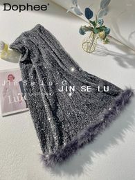 Skirts French Retro Sequined Skirt For Women Spring Autumn High Waist Slimming Feather Stitching Mid-Length A- Line Female