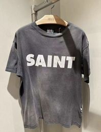 Oversized 2024ss Washed Black SAINT MICHAEL Letter Print T Shirt Men Women 1 1 High Quality Heavy Fabric Tee Short Sleeve Tops 240420