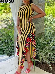 Casual Dresses Fashion Stripe Print Dress Women's Sleeveless O Neck Woman Clothing Two Side Split Ruffle Summer Tank Top Long