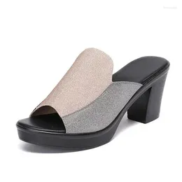 Sandals Summer Tide Female Slippers Thick Heels High Waterproof Table Bright Beads Hundred Leisure