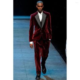 Men's Suits High Quality Burgundy Velvet Men 3 Pieces Blazer Pants Vest Handsome Celebrity Wedding Formal Work Causal Tailored Set