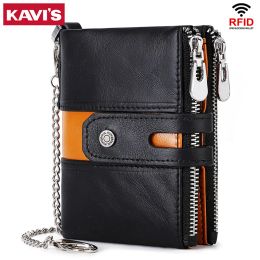 Wallets Kavis New 2020 100% Genuine Leather Men Wallet Double Zipper Coin Purse Small Mini Card Holder Portomonee Male Walet Pocke