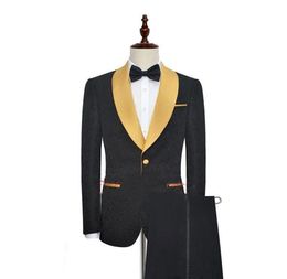 Black With Gold Trim Shawl Lapel One Button Fashion Mens Tuxedos For Prom Wedding Evening Party BlazerPants Custom Made2883973