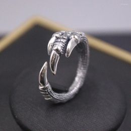 Cluster Rings Real Solid 925 Sterling Silver Band Lucky Men Retro Carved Dragon Claw Open Ring