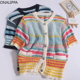 Women's Knits Onalippa Sweet Short Sleeves Knitted Cardigan Women Contrast Hollow Out Chic Buttons Sweater Korean Gentle Wind Loose Shirts