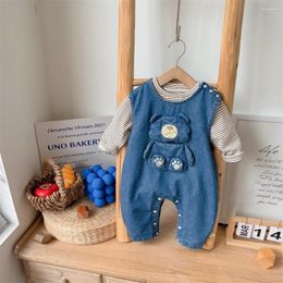 Clothing Sets 2024 Spring Baby Boys 2PCS Clothes Set Denim Cartoon Bear Sleeveless Romper Striped Shirts Suit Toddler Outfits