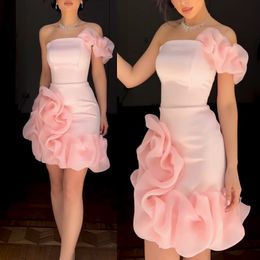 En axel muslimsk aftonklänning kort bodycon klänning rosa satin formell parti prom med blommor