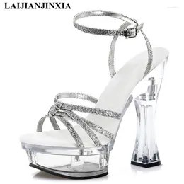 Dress Shoes Flash Powder Bling Narrow Band Open Toe Women's Sandals 14 Cm Super High Heeled Stage Show Party