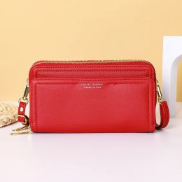 Bags New Women Horizontal Version Double Zipper Largecapacity Bags Female Soft Leather Mobile Phone Purse Ladies Shoulder Wallet