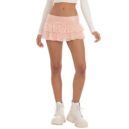 التنانير Xingqing Sequin Mini Skirt y2k ملابس النساء الصلبة لون الخصر المنخفض الكشكش تنورات متألقة بريق تنانير قصيرة strtwear y240420