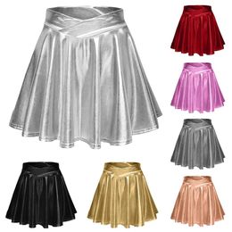 Skirts Sexy Metallic Leather Mini Skirts Women 2024 Fashion Carnival Strtwear Club Party Dance Shiny Skirt Hot Pleated Skirts Y240420
