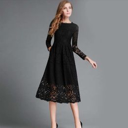 New 2024 Autumn Women's Round Neck Hollow Out Minimalist Lace Long Sleeve Slim Fit Mid Length Dress