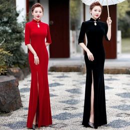 Casual Dresses SpringHigh End Golden Velvet Cheongsam Dress Stage Runway Show Performance Costumes Party Women Sexy Evening Long