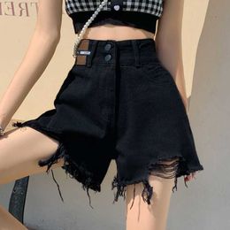 Black denim shorts for womens 2024 new summer high waist slimming wide leg loose A-line hot pants trendy Instagram summer thin style