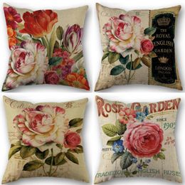 Pillow Vintage Flower Pillowcase Wedding Decorative Cotton Linen Case For Home PillowCover 45X45(One Sides)