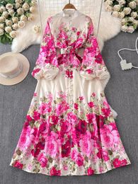 Casual Dresses Flower Dress Women Elegant Luxury 2024 Spring Autumn High End Printed Slim Fit Long French Bubble Sleeves Maxi K634