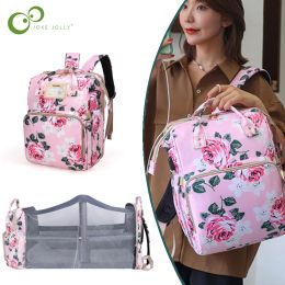 Bags New Folding Mummy Floral Bag Lightweight Portable Folding Crib Bed Largecapacity Baby Backpack Female Mommy Outting Bag DDJ