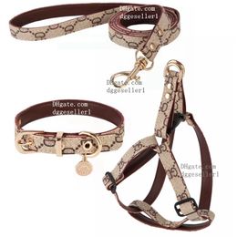 Designer Dogs Harness Collar Leash Set Luxurious Puppy Collar with Metal Charm No Pull Dog Harness Soft Adjustable PU Leather Step in Puppy Vest Outdoor Walking S B36