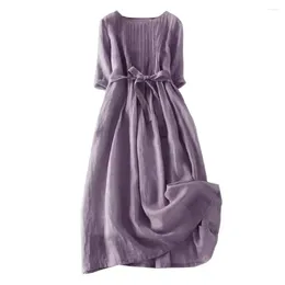 Casual Dresses Summer Women Dress Flower Printed Turn-down Collar Pleated Lace-up Belt Sleeves Half Single-breasted A-line Loose Hem