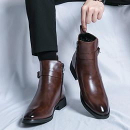 Boots High-quality Men Ankle Men's Side Zipper Brown Black Classic Business Casual Fashion Party Personality Buckle Shoe