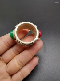 Decorative Figurines Exquisite Chinese Old Tibet Silver Inlay Jade Handmade Ring