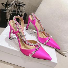 Dress Shoes Rhinestone Pumps Pointed Toe Satin Solid Color High Heels Stiletto Party Banquet Women'S Zapatos Mujer Plus Size