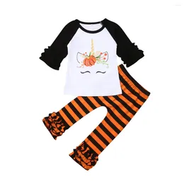 Clothing Sets Halloween Infant Kids Baby Girls Clothes 1-6Y Ruffles Long Sleeve Cartoon T-Shirts Tops Striped Pants