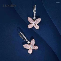 Stud Earrings Luxury S925 Sterling Silver Sparkling Pink High Carbon Diamond Butterfly Drop Engagement Party Fine Jewelry Gifts