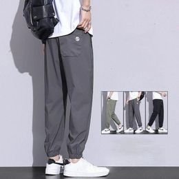Men's Pants Ice Silk Summer Men Ultra-Thin Sweatpants Loose Leg Tie Sports Quick Dry Breathable Cropped Casual Cooling