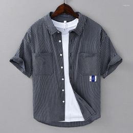 Men's Casual Shirts Cool Thousand Bird Cheque Shirt For Men Japanese Fashion Loose Versatile Thin Blouse CityBoy Youth Short Sleeve Tops