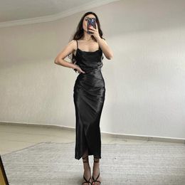 Womens Girl Style Sexy Low Cut Satin Strap Dress Split Slimming Backless