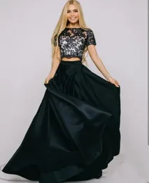 Party Dresses Long Evening Dress Two Pieces Prom Short Sleeve Lace Appliques Women Formal Gowns Black Gorgeous Top Satin Skirt